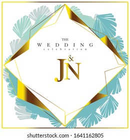 Wedding floral invitation, thank you modern card: rosemary, eucalyptus branches on white marble texture with a golden geometric pattern. Elegant rustic template. All elements are isolated and editable