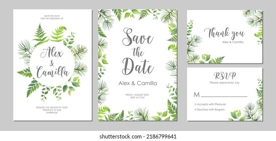 Wedding floral invitation, thank you, RSVP card. Template with place for text. Floral frame with pine, fern and wild herbs. Vector illustration.