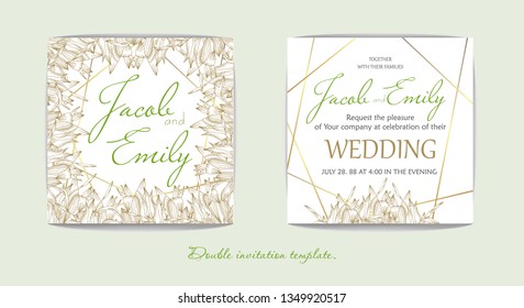 Wedding floral invitation, thanks to a modern postcard: aspidistra, dieffenbachia, philodendron, palm branches on a white texture with a Golden geometric pattern. Elegant rustic pattern. All elements 