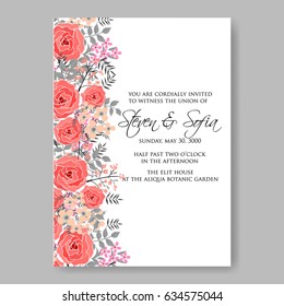 Wedding floral invitation vector template red rose