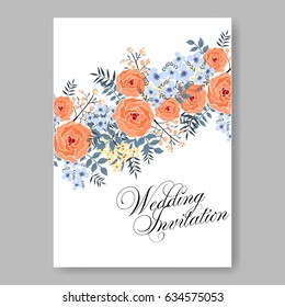 Wedding floral invitation vector template orange rose