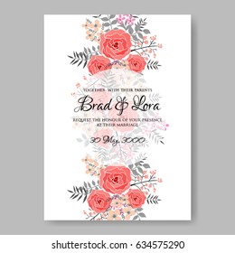 Wedding floral invitation vector template red rose