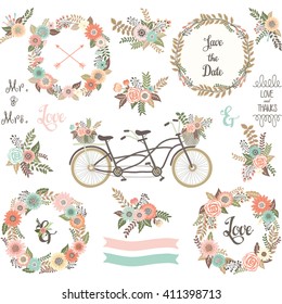 Wedding Floral Invitation.Flora,Wreath,Bicycle,Banner,Save The Date,Arrow. 