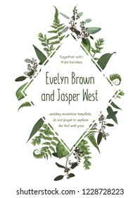 Wedding floral invite card. Vector watercolor green forest leaf, fern, branches boxwood, buxus, eucalyptus. Flowers of yellow, white lily, gerbera, dahlia. Decorative round frame, rhomb, geometric