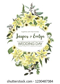 Wedding floral invite card. Vector watercolor green forest leaf, fern, branches boxwood, buxus, eucalyptus. Flowers of yellow, white lily, gerbera, dahlia. Decorative round frame, oval, geometric
