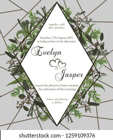 Wedding floral invite card. Vector green forest leaf, fern, branches boxwood, buxus, eucalyptus, brunia. Rhomb, geometric frame on a gray background with golden lines
