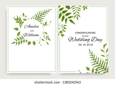 Wedding floral invite cards design with vector watercolor style deferent leaves