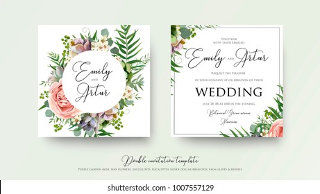 Wedding floral invite invitation card Design with lavender pink violet garden rose, green tropical palm leaf greenery eucalyptus branches decoration. Vector elegant watercolor rustic cute template set