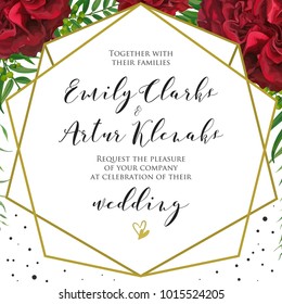 Wedding floral invite, invitation card design with red burgundy rose flowers, palm leaves, green berries, elegant geometrical golden frame and black polka dot decoration. Vector natural modern layout
Wedding floral invite, invitation card design with red burgundy rose flowers, palm leaves, green berries, elegant geometrical golden frame and black polka dot decoration. Vector natural modern layout