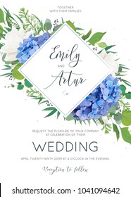 Wedding floral invite, invitation card design with elegant bouquet of blue hydrangea flowers, white garden roses, green eucalyptus, lilac branches, greenery leaves  berries & rhombus geometrical frame