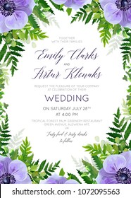 Wedding floral invite, invitation card  design with elegant watercolor ultra violet anemone flowers, forest greenery ferns, plants, green leaves frame. Botanical style greeting, poster vector template