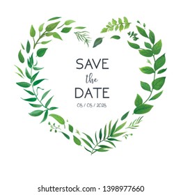 Wedding floral invite, invitation card, save the date design. Botanical greenery heart shape wreath. Garden plants, green forest leaves, branches, herbs. Trendy, watercolor style designer elements set