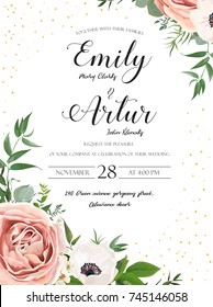 Wedding floral invite invitation card design: Rose pink lavender flower, white anemones, wax, Eucalyptus branch greenery leaves watercolor style, rustic, delicate green anniversary copy space template