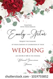 Wedding floral invite, invitation save the date card design with red burgundy and white rose flowers, seeded eucalyptus branches, leaves, marsala amaranthus elegant decoration. Vector modern template
