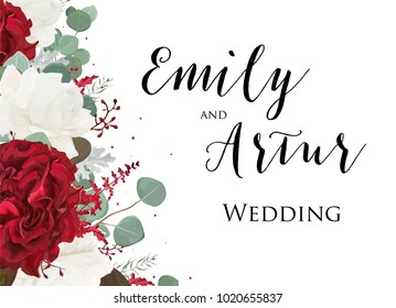 Wedding floral invite, invitation save the date card design with red and white garden rose flowers, seeded eucalyptus branches, leaves, amaranthus bouquet elegant decoration. Vector, cute art template