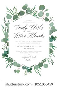 Wedding floral invite, invitation, save the date card design with elegant eucalyptus greenery branches, green forest leaves foliage, herbs & cute polygonal geometrical frame. Beautiful trendy template