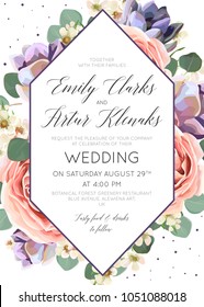 "Wedding floral invite, invitation, save the date card elegant botanical design with lavender pink garden rose flowers, violet succulents, eucalyptus leaves & geometrical frame. Beautiful art template
