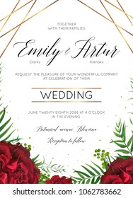 Wedding floral invite, invitation save the date card design with burgundy red garden rose flowers, tropical palm leaves, ferns, berries & elegant golden geometrical decoration. Vector, modern template