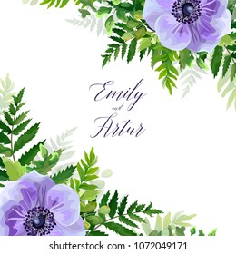 Wedding floral invite, invitation, save the date card vector design with elegant ultra violet, blue garden anemone flowers, greenery forest ferns, green leaves frame decoration. Beautiful art template