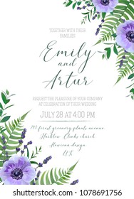 Wedding floral invite, invitation, save the date card design. Violet anemone flowers, lavender blossom, forest greenery, fern leaves, eucalyptus branches bouquet frame. Elegant, lovely vector template