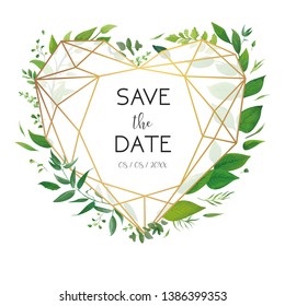 Wedding floral invite, invitation, save the date card design. Luxury, golden geometrical heart shape frame & fresh forest watercolor greenery plants, branches, green leaf wreath botanical illustration