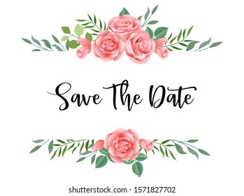 Wedding floral invite, invitation save the date card design with roses pink flower. Wedding floral invite