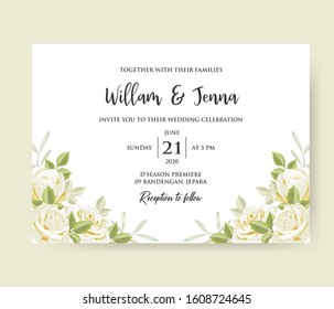 Wedding floral invite, invitation save the date card design with white roses and leaves. Vector template