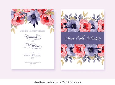 Wedding floral invite, invitation save the date card design with red and navy blue flowers and gold calligraphy. Vector template
