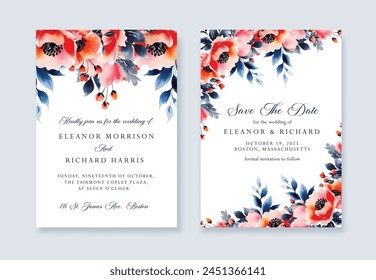 Wedding floral invite, invitation save the date card design with red and navy garden rose flowers, Vector template.