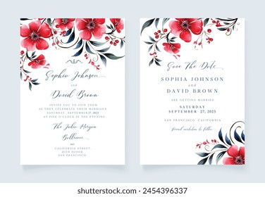 Hochzeit speichern floral einladen, Einladung zum Date Card Design mit roten Blumen, Vektorgrafik niedliche Vorlage
