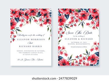 Wedding floral invite, invitation save the date card design with red flowers, Vector cute template