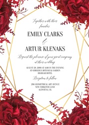 Wedding Floral Invite, Invtation Card Design. Watercolor Marsala Red Garden Rose Blossom, Amaranthus Flower, Burgundy Seeds, Geometrical Golden Decorative Frame. Vector Elegant Bohemian Style Template