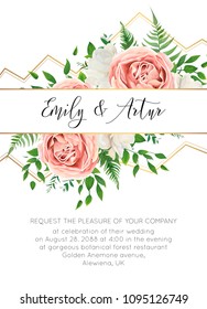 Wedding floral invite, invtation card design. Watercolor style blush pink roses, white garden peony flowers, green leaves, greenery fern & golden geometrical border. Vector art elegant classy template