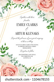 Wedding floral invite, invtation card design. Watercolor lavender pink rose, white garden peony flowers blossom, green leaves, greenery plants & golden stripes. Vector art beautiful, romantic template