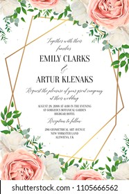 Wedding floral invite, invtation card design. Watercolor blush pink rose, white garden peony flowers blossom, green leaves, greenery plants & golden geometrical frame. Vector romantic, modern template