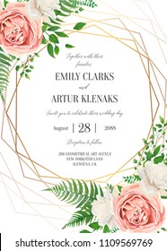 Wedding floral invite, invtation card design. Watercolor lavender pink rose, white garden peony flowers blossom, green leaves, greenery fern leaves & golden geometrical frame. Vector romantic template