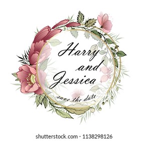 Wedding floral invite, invtation card design. Watercolor blush pink rose, white garden peony flowers, green leaves, greenery fern. Transparent gold circle frame. Vector, elegant, classy layout