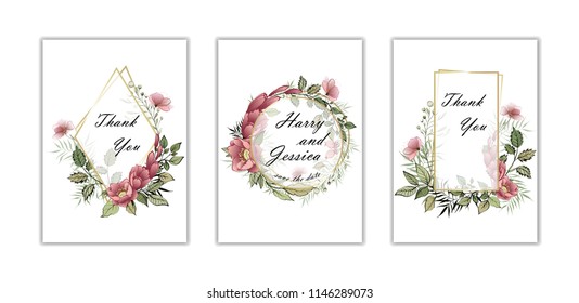 Wedding floral invite, invtation card design. Watercolor blush pink rose, white garden peony flowers, green leaves, greenery fern. Transparent gold frame. set of three postcards