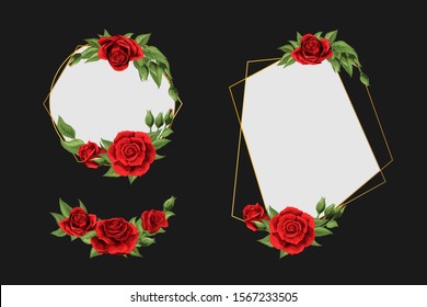 Wedding floral invite, invtation card design element. Scarlet red garden rose flower blossom with geometrical golden decorative frame. Vector elegant bohemian style template