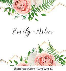 Wedding floral invite, invtation, save the date card design. Watercolor blush pink roses, cute white garden peony flowers, green leaves, greenery fern, golden geometrical decoration. Romantic template