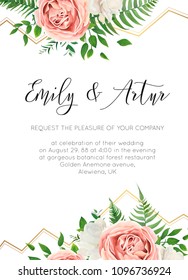 Wedding floral invite, invtation, save the date card design. Watercolor pink roses, cute white garden peony flowers, green leaves, greenery forest fern, golden geometrical decoration. Elegant template