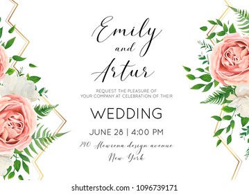 Wedding floral invite, invtation, save the date card design with watercolor pink roses, white garden peony flowers, green leaves, forest greenery & luxury golden geometrical decoration. Classy layout
