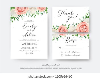 Wedding floral invite, RSVP, thank you card vector design set with creamy white garden peony flowers blush pink roses, green leaves, greenery herbs, eucalyptus branch decoration. Romantic illustration