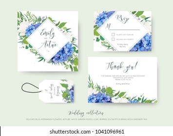 Wedding floral invite, save the date, thank you, rsvp, label card design with elegant blue hydrangea flowers, white garden roses, green eucalyptus, lilac, greenery leaves &  berries. Delicate cute set