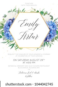 Wedding floral invite, save the date card design with elegant blue violet hydrangea flowers, white garden roses,  eucalyptus green branches, greenery leaves & golden geometrical frame. Luxury template