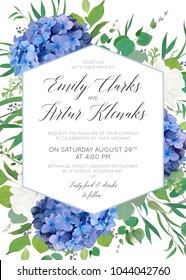 Wedding floral invite, save the date card design with elegant blue violet hydrangea flowers, white garden roses,  eucalyptus green branches, greenery leaves, geometrical frame. Delicate cute template