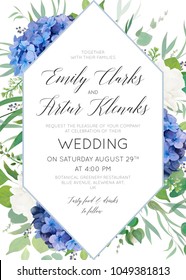 Wedding floral invite, save the date card design with elegant blue violet hydrangea flowers, white garden roses, eucalyptus green branches, greenery leaves & geometrical frame. Luxury beauty template
