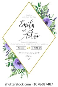 Wedding floral invite, save the date card. Watercolor lavender blossom, violet anemone flowers, forest greenery fern, eucalyptus leaves & rhombus golden geometrical frame decor. Elegant, vector design