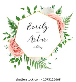 Wedding floral invite save the date card design with creamy white garden peony flowers, blush pink roses, green leaves, greenery fern & golden geometrical frame decoration. Vector elegant illustration