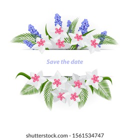 Wedding floral invite, save the date card design with elegant blue violet Muscari flowers, white Hoya, fern green branches, greenery leaves. Luxury beauty template. Isolated, white background